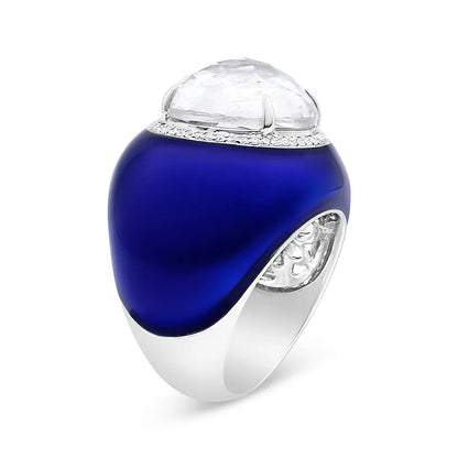 18k White Gold 14mm Quartz and 1/5 Cttw Diamond Halo with Blue Enamel Dome Ring (f-g Color Vs1-vs2 Clarity) - Fine