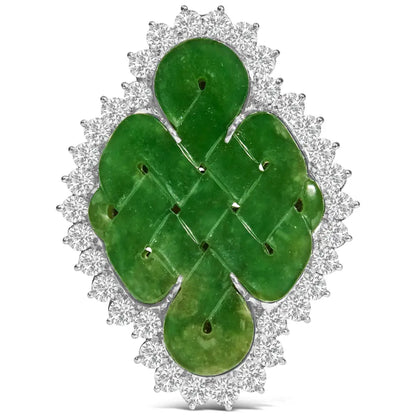 18k White Gold 2.00 Cttw Diamond Halo and Jade Shield Brooch Pin Pendant (g-h Color Vs1-vs2 Clarity) Chain not Included