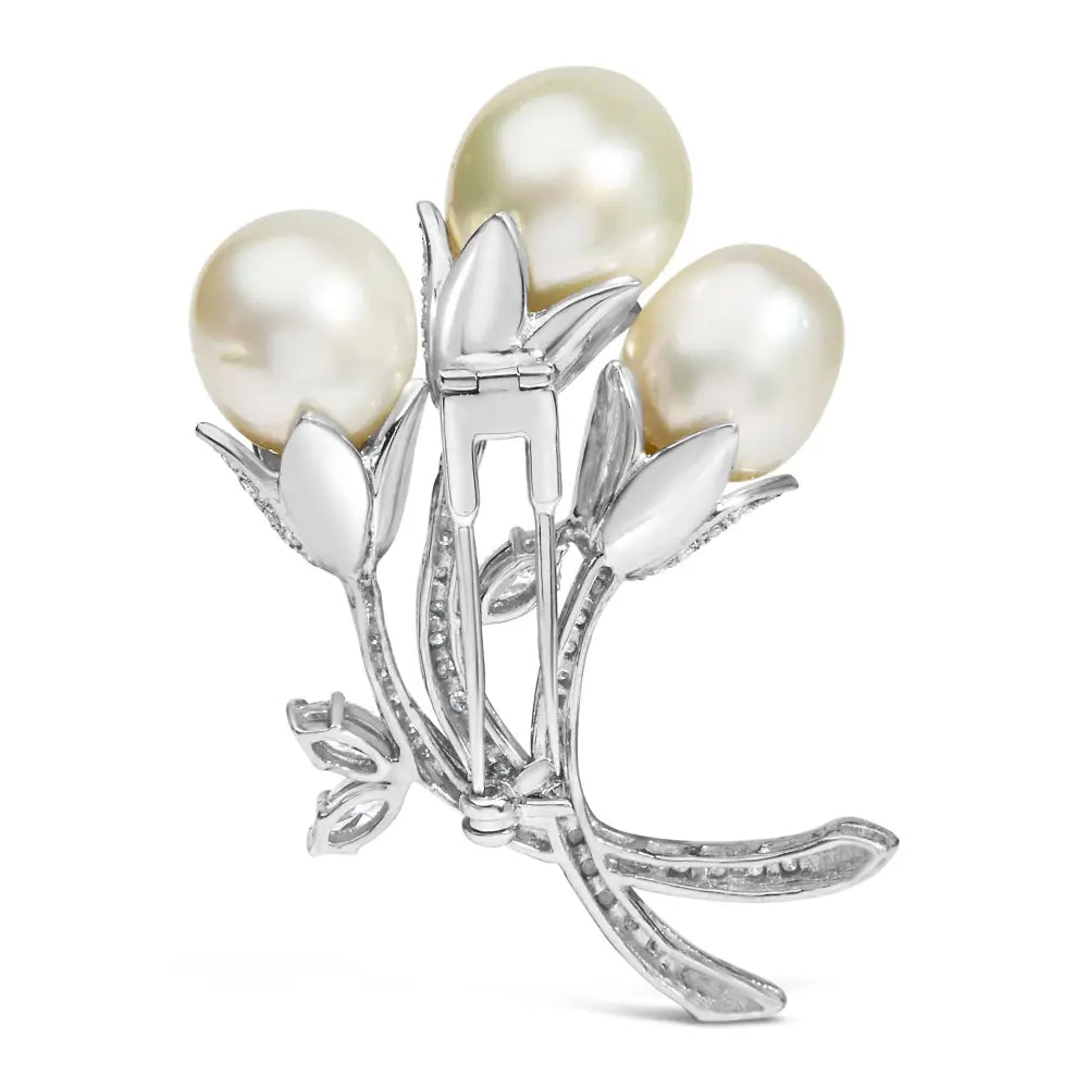 18k White Gold 2 1/5 Cttw Diamond and South Sea Pearl Floral Brooch Pin (g-h Color Vs1-vs2 Clarity) - Fine Jewelry