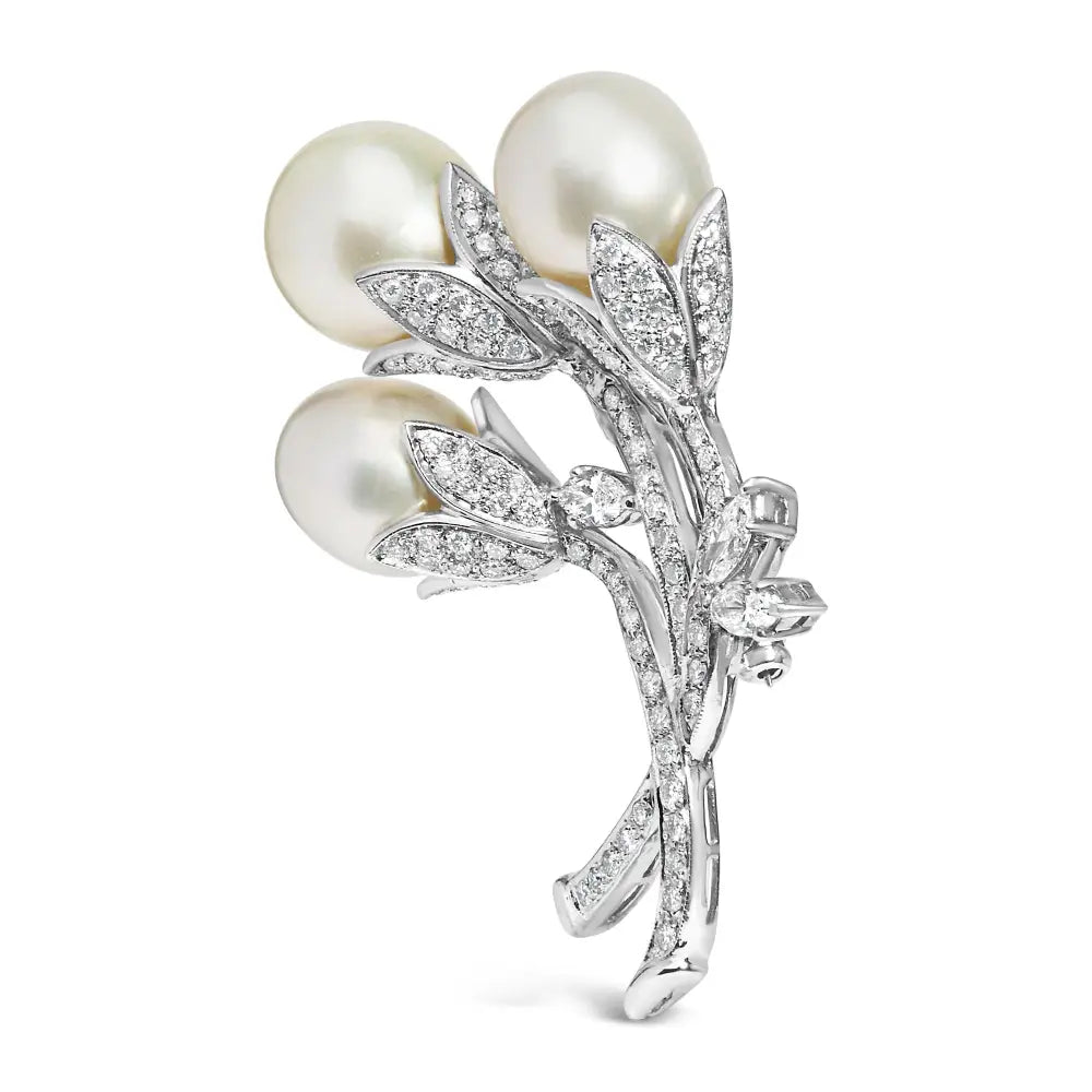 18k White Gold 2 1/5 Cttw Diamond and South Sea Pearl Floral Brooch Pin (g-h Color Vs1-vs2 Clarity) - Fine Jewelry