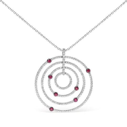 18k White Gold 2 1/6 Cttw Pave Set Diamonds and Red Ruby Openwork Circles 18’’ Pendant Necklace (g-h Color Si2-i1