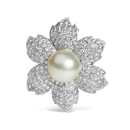 18k White Gold 2 3/4 Cttw Diamond and 12.5 Mm Cultured Freshwater Pearl Floral Brooch Pin (g-h Color Vs1-vs2 Clarity)