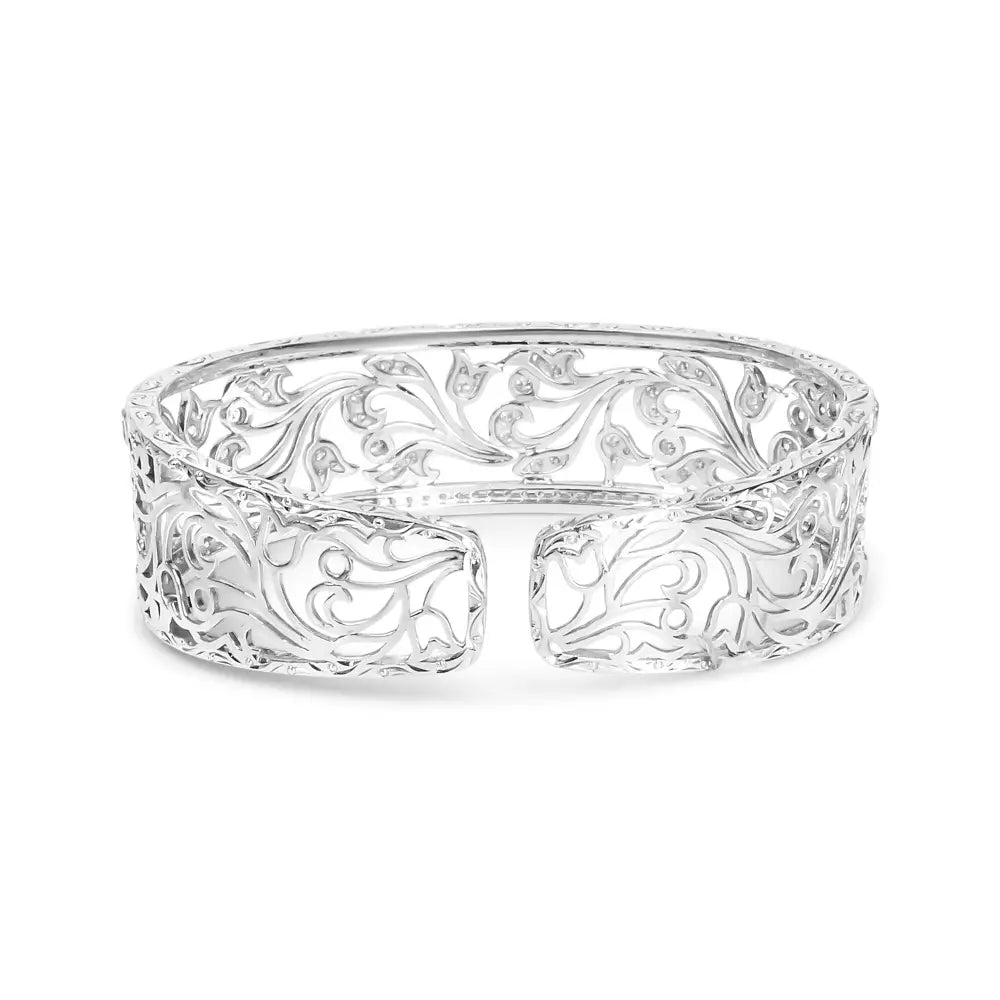 18k White Gold 3 1/4 Cttw Pave Diamond Openwork Floral Filigree Swirl Bangle Cuff Bracelet (h-i Color Vs2-si1 Clarity)