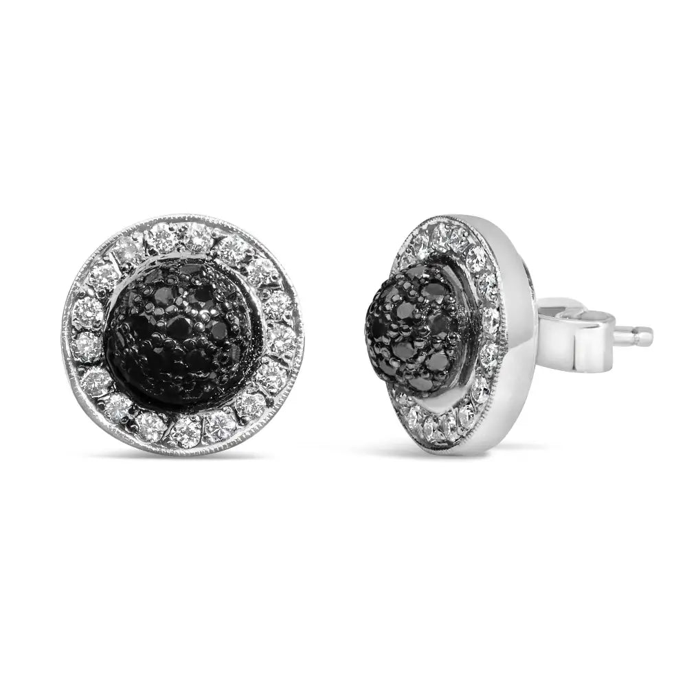 18k White Gold 3/4 Cttw Black and Diamond Pave Set Dome Halo Stud Earrings (f-g Color Vs1-vs2 Clarity) - Fine Jewelry