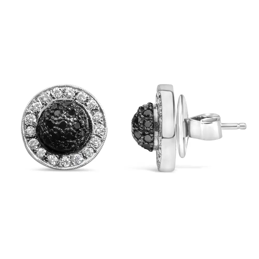 18k White Gold 3/4 Cttw Black and Diamond Pave Set Dome Halo Stud Earrings (f-g Color Vs1-vs2 Clarity) - Fine Jewelry