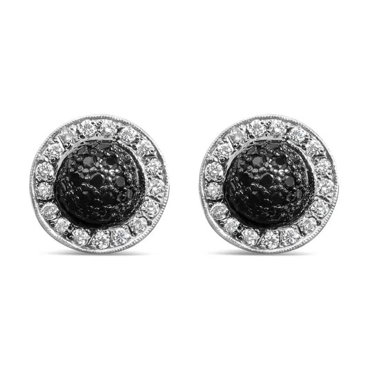 18k White Gold 3/4 Cttw Black and Diamond Pave Set Dome Halo Stud Earrings (f-g Color Vs1-vs2 Clarity) - Fine Jewelry