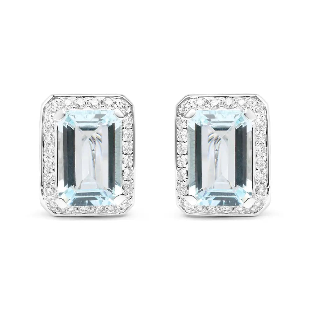 18k White Gold 3/4 Cttw Round Diamond and 13x9mm Emerald Cut Blue Aquamarine Gemstone Halo Omega Stud Earrings (g-h