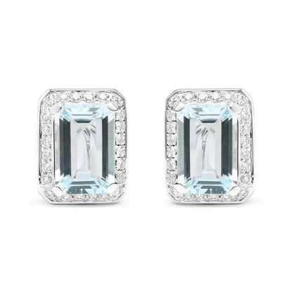 18k White Gold 3/4 Cttw Round Diamond and 13x9mm Emerald Cut Blue Aquamarine Gemstone Halo Omega Stud Earrings (g-h