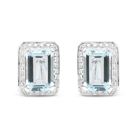 18k White Gold 3/4 Cttw Round Diamond and 13x9mm Emerald Cut Blue Aquamarine Gemstone Halo Omega Stud Earrings (g-h