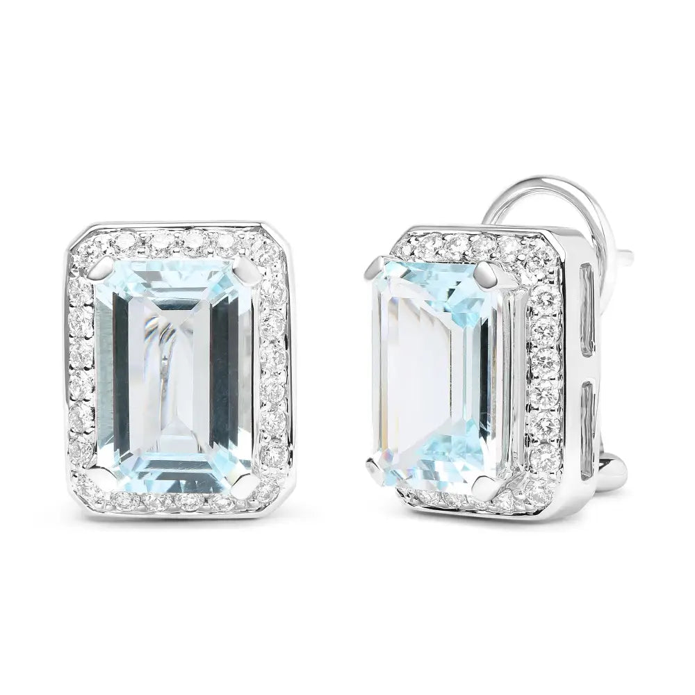 18k White Gold 3/4 Cttw Round Diamond and 13x9mm Emerald Cut Blue Aquamarine Gemstone Halo Omega Stud Earrings (g-h