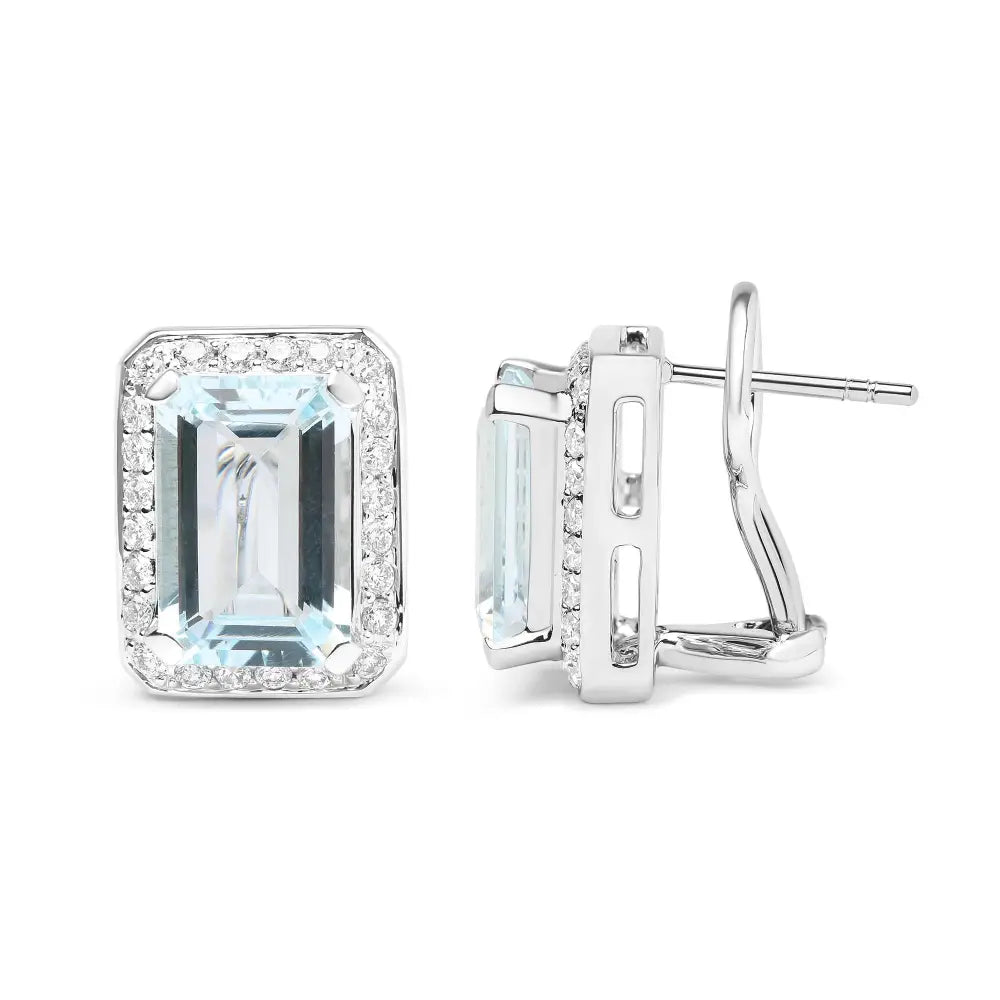 18k White Gold 3/4 Cttw Round Diamond and 13x9mm Emerald Cut Blue Aquamarine Gemstone Halo Omega Stud Earrings (g-h