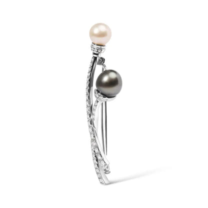 18k White Gold 3/5 Cttw Diamond and Cultured South Sea Black Pearl Brooch Pin (h-i Color Vs1-vs2 Clarity) - Fine