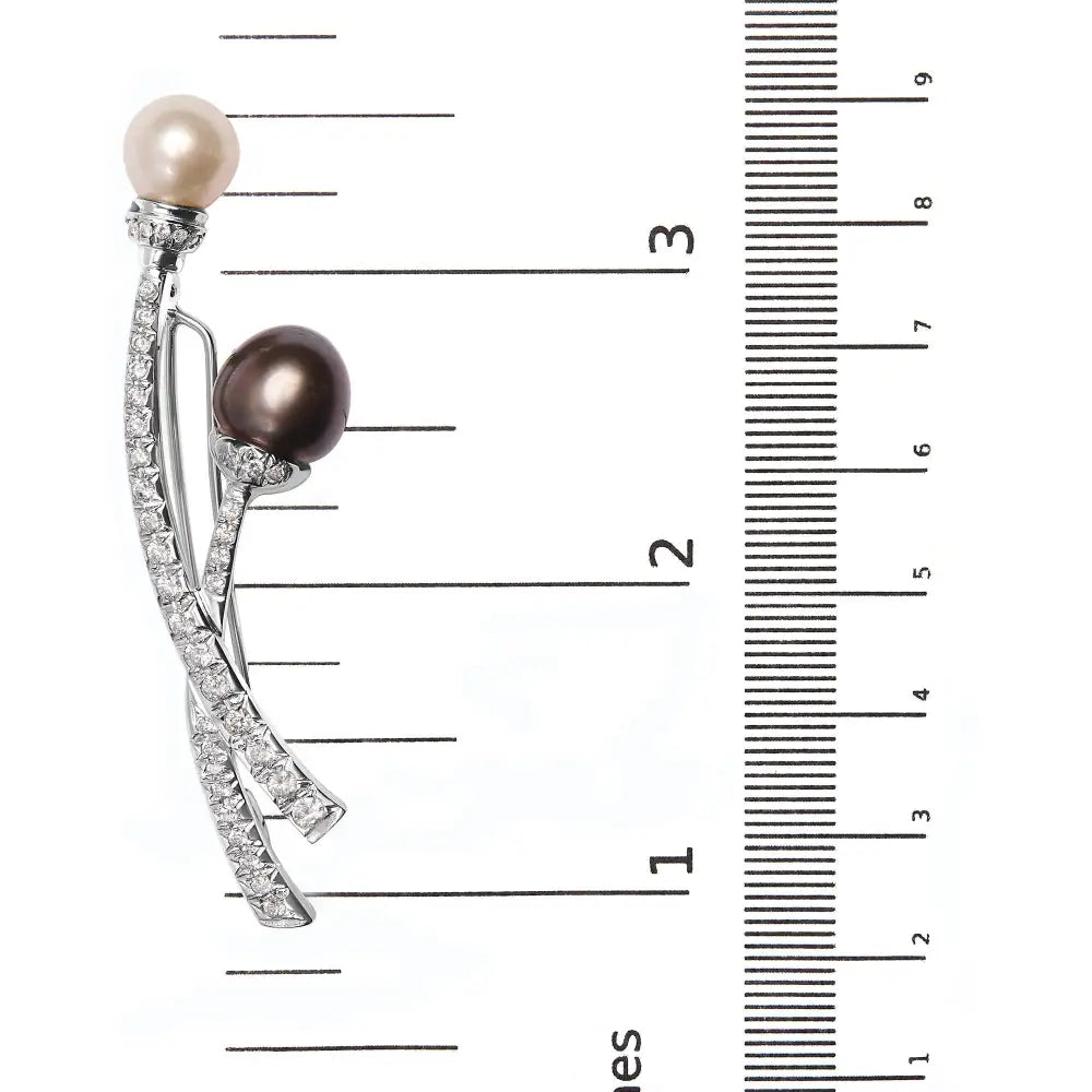 18k White Gold 3/5 Cttw Diamond and Cultured South Sea Black Pearl Brooch Pin (h-i Color Vs1-vs2 Clarity) - Fine