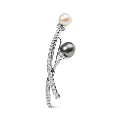 18k White Gold 3/5 Cttw Diamond and Cultured South Sea Black Pearl Brooch Pin (h-i Color Vs1-vs2 Clarity) - Fine