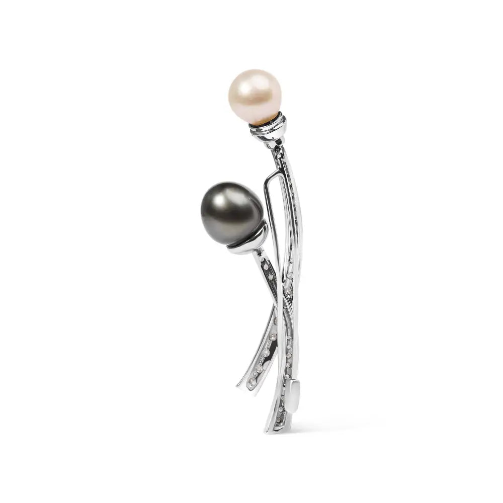 18k White Gold 3/5 Cttw Diamond and Cultured South Sea Black Pearl Brooch Pin (h-i Color Vs1-vs2 Clarity) - Fine