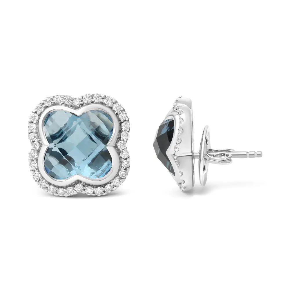 18k White Gold 3/8 Cttw Diamond and 11x11mm Clover-cut London Blue Topaz Gemstone Halo Clover Stud Earrings (g-h Color