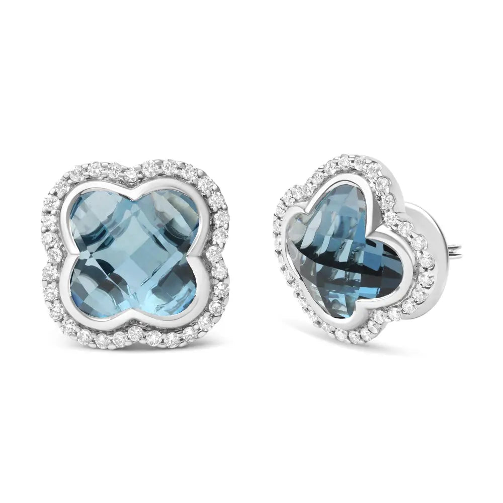 18k White Gold 3/8 Cttw Diamond and 11x11mm Clover-cut London Blue Topaz Gemstone Halo Clover Stud Earrings (g-h Color