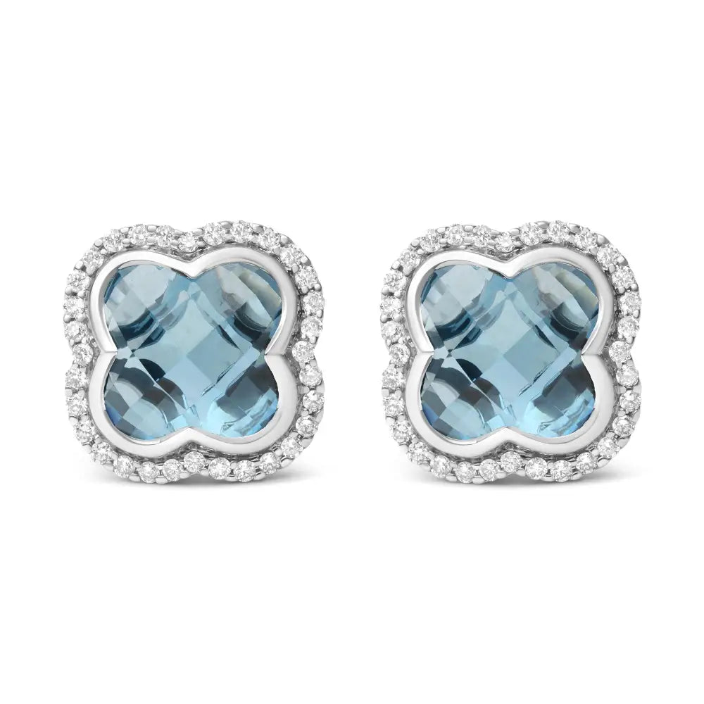 18k White Gold 3/8 Cttw Diamond and 11x11mm Clover-cut London Blue Topaz Gemstone Halo Clover Stud Earrings (g-h Color