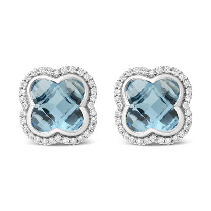 18k White Gold 3/8 Cttw Diamond and 11x11mm Clover-cut London Blue Topaz Gemstone Halo Clover Stud Earrings (g-h Color