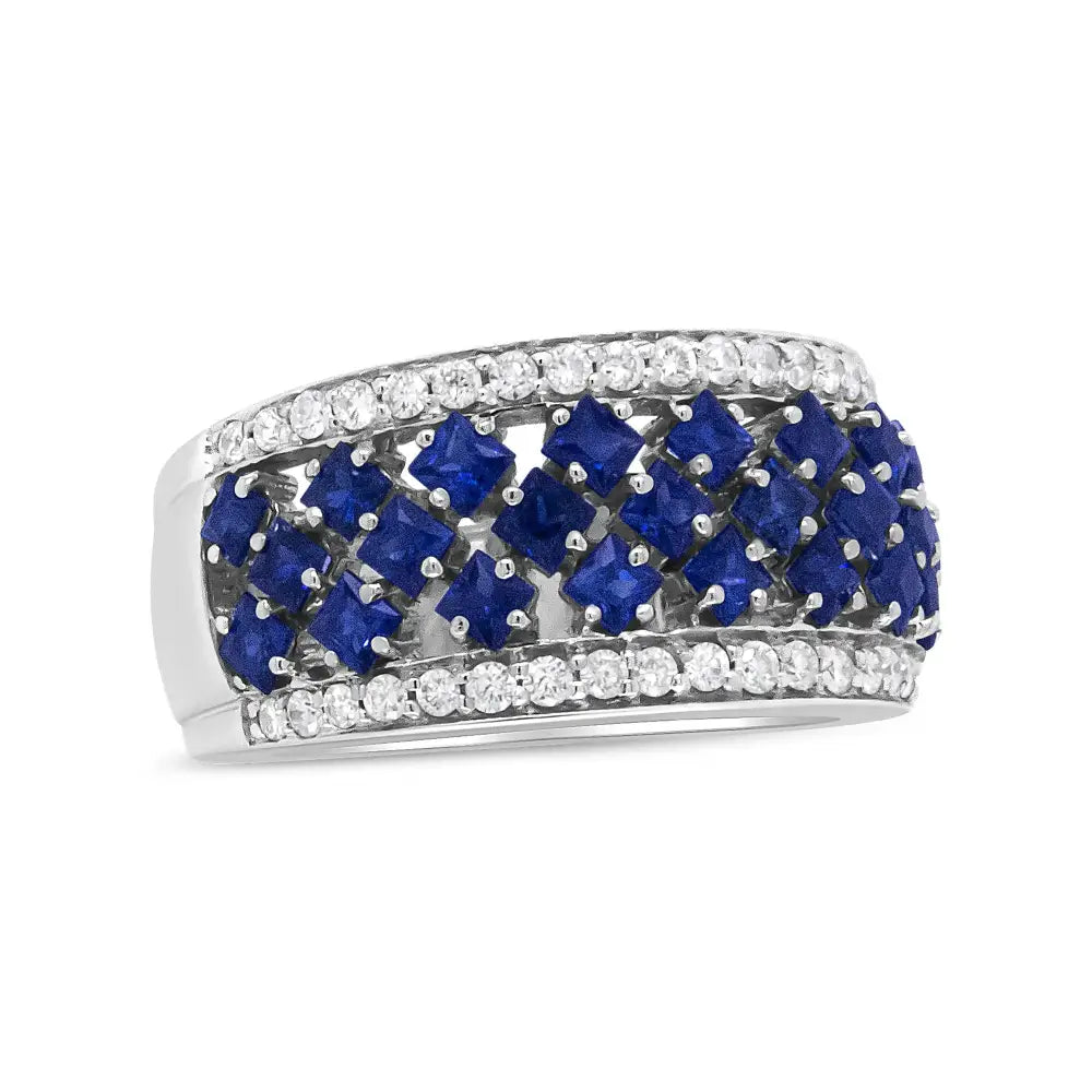 18k White Gold 3/8 Cttw Diamond and 2x2mm Princess Cut Blue Sapphire Fashion Band Ring (f-g Color Vs1-vs2 Clarity)