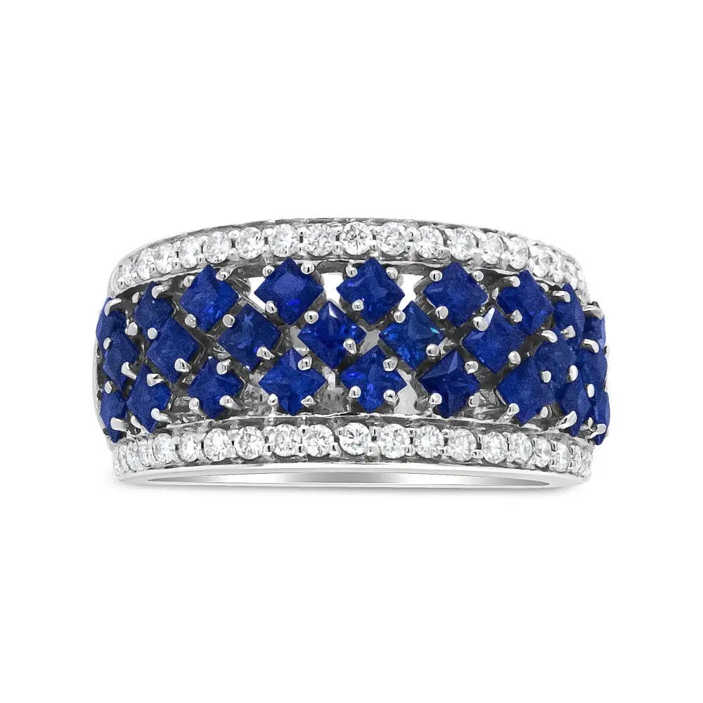 18k White Gold 3/8 Cttw Diamond and 2x2mm Princess Cut Blue Sapphire Fashion Band Ring (f-g Color Vs1-vs2 Clarity)