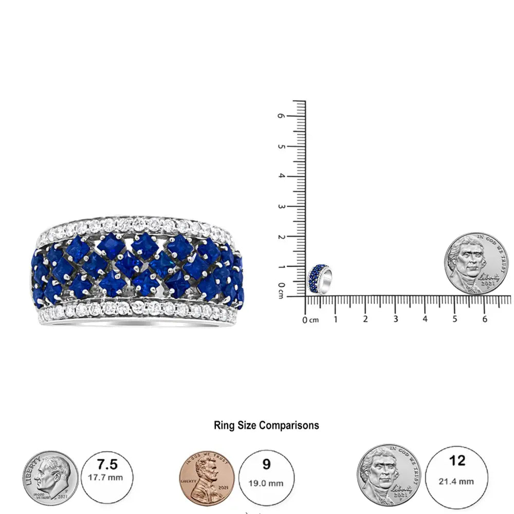 18k White Gold 3/8 Cttw Diamond and 2x2mm Princess Cut Blue Sapphire Fashion Band Ring (f-g Color Vs1-vs2 Clarity)