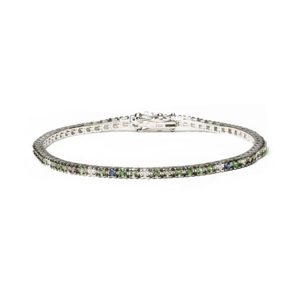 18k White Gold 3/8 Cttw Diamond with Blue Sapphire and Green Tsavorite Gemstone Multi-colored Tennis Bracelet (brown