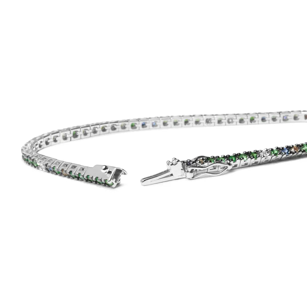 18k White Gold 3/8 Cttw Diamond with Blue Sapphire and Green Tsavorite Gemstone Multi-colored Tennis Bracelet (brown