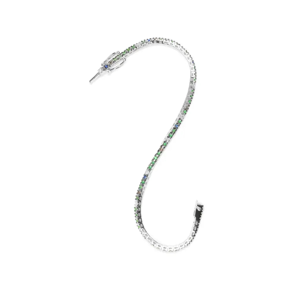 18k White Gold 3/8 Cttw Diamond with Blue Sapphire and Green Tsavorite Gemstone Multi-colored Tennis Bracelet (brown