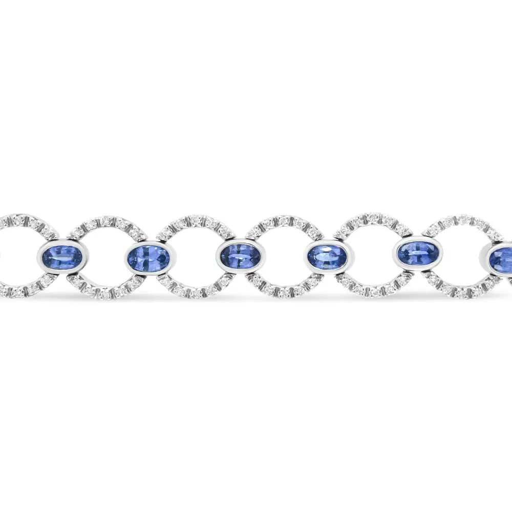 18k White Gold 6 Cttw Diamond and 5x3mm Oval Blue Sapphire Openwork Circle Link Bracelet (f-g Color Si1-si2 Clarity)