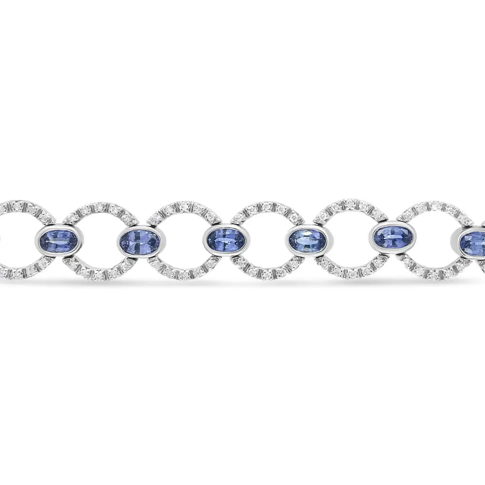 18k White Gold 6 Cttw Diamond and 5x3mm Oval Blue Sapphire Openwork Circle Link Bracelet (f-g Color Si1-si2 Clarity)