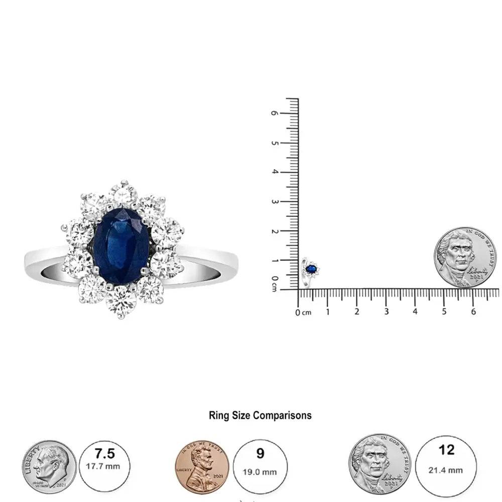 18k White Gold 7x5 Mm Oval Cut Blue Sapphire and Round Diamond 3/4 Cttw Sunburst Halo Ring (f-g Color Vs1-vs2 Clarity)