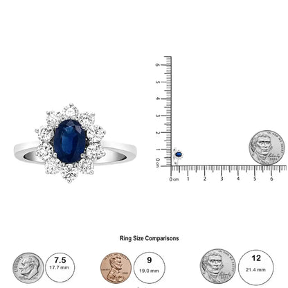 18k White Gold 7x5 Mm Oval Cut Blue Sapphire and Round Diamond 3/4 Cttw Sunburst Halo Ring (f-g Color Vs1-vs2 Clarity)