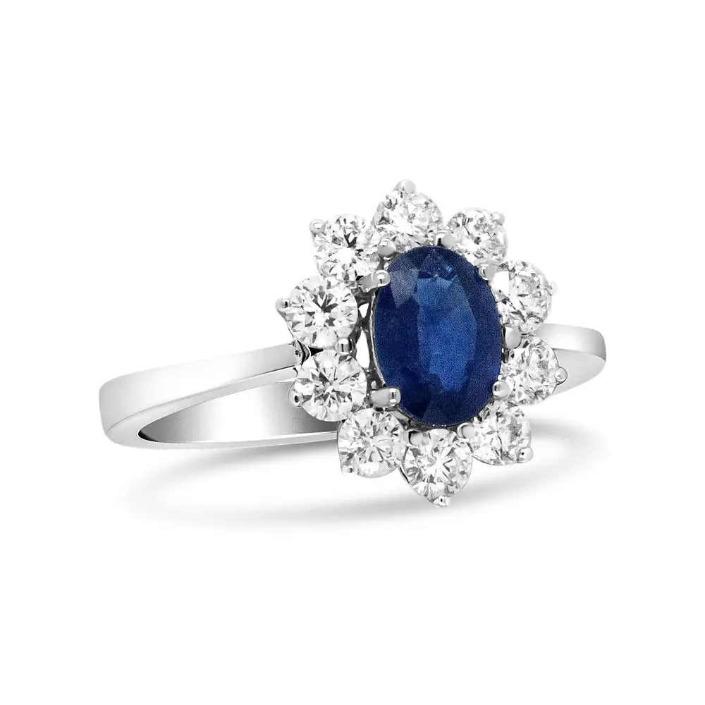 18k White Gold 7x5 Mm Oval Cut Blue Sapphire and Round Diamond 3/4 Cttw Sunburst Halo Ring (f-g Color Vs1-vs2 Clarity)