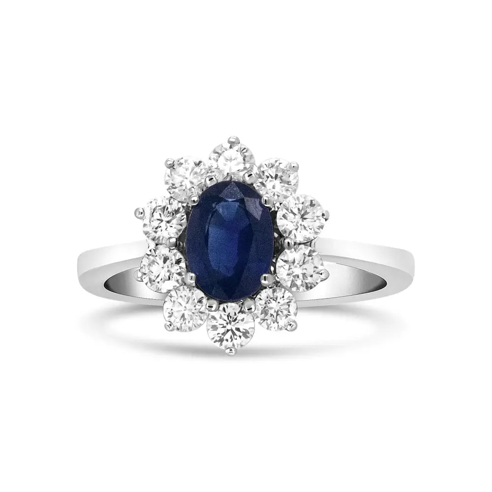 18k White Gold 7x5 Mm Oval Cut Blue Sapphire and Round Diamond 3/4 Cttw Sunburst Halo Ring (f-g Color Vs1-vs2 Clarity)