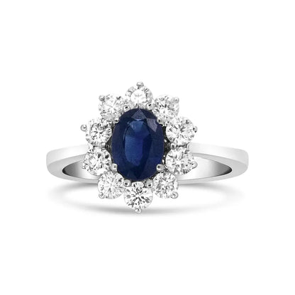 18k White Gold 7x5 Mm Oval Cut Blue Sapphire and Round Diamond 3/4 Cttw Sunburst Halo Ring (f-g Color Vs1-vs2 Clarity)