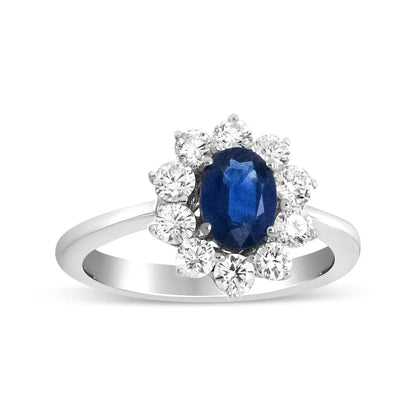 18k White Gold 7x5 Mm Oval Cut Blue Sapphire and Round Diamond 3/4 Cttw Sunburst Halo Ring (f-g Color Vs1-vs2 Clarity)