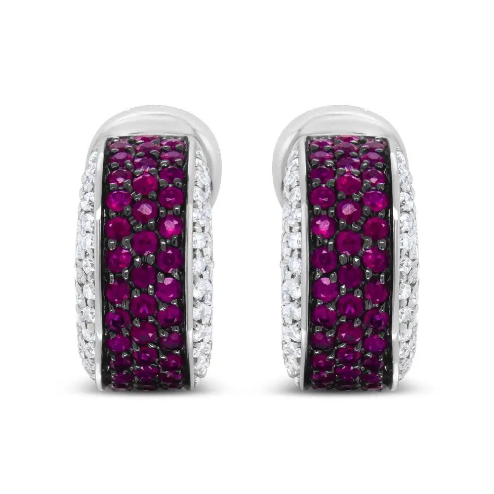 18k White Gold and Black Rhodium Plated 3/4 Cttw Round Diamonds 1mm Red Ruby Huggie Hoop Earrings (f-g Color Vs1-vs2