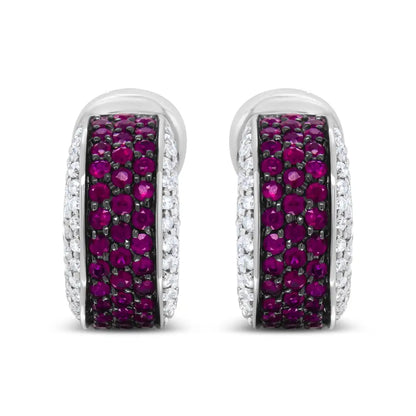 18k White Gold and Black Rhodium Plated 3/4 Cttw Round Diamonds 1mm Red Ruby Huggie Hoop Earrings (f-g Color Vs1-vs2