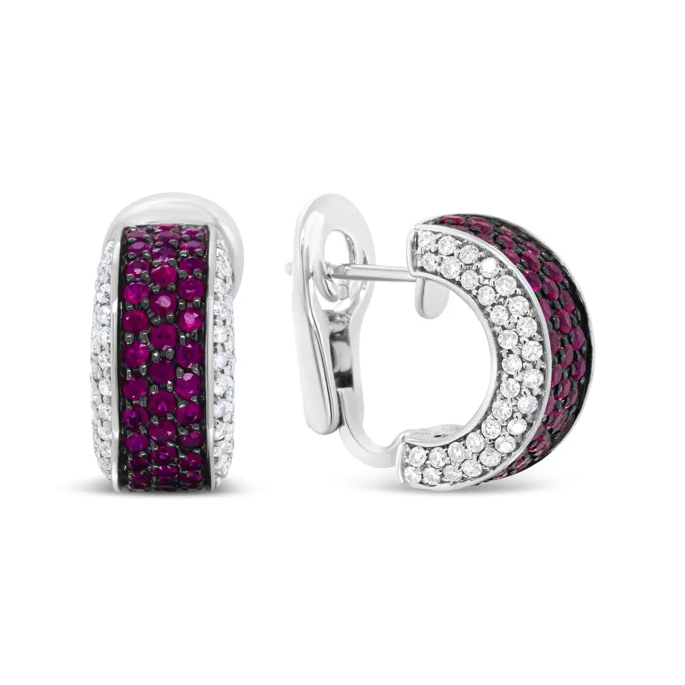 18k White Gold and Black Rhodium Plated 3/4 Cttw Round Diamonds 1mm Red Ruby Huggie Hoop Earrings (f-g Color Vs1-vs2