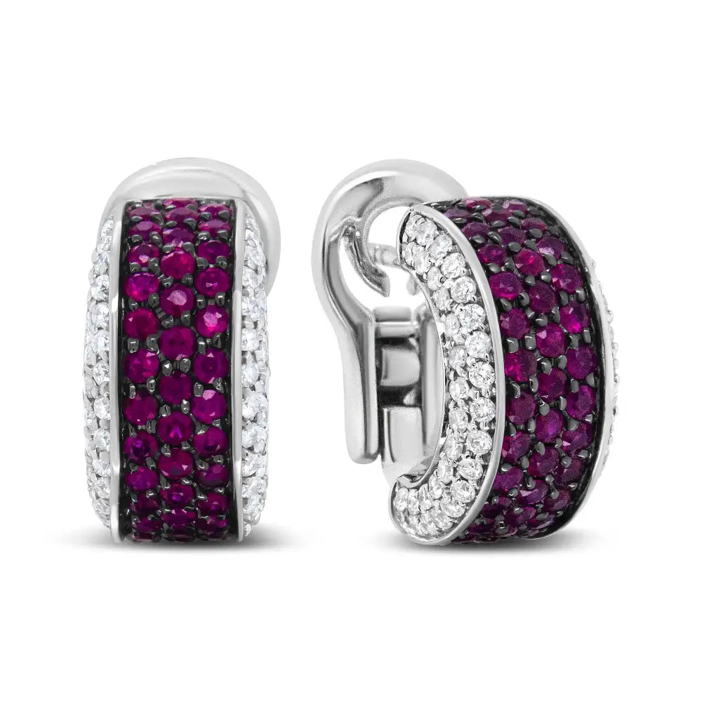 18k White Gold and Black Rhodium Plated 3/4 Cttw Round Diamonds 1mm Red Ruby Huggie Hoop Earrings (f-g Color Vs1-vs2