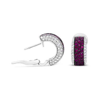 18k White Gold and Black Rhodium Plated 3/4 Cttw Round Diamonds 1mm Red Ruby Huggie Hoop Earrings (f-g Color Vs1-vs2