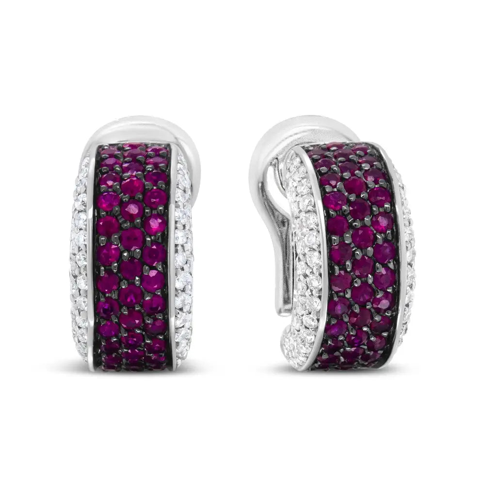 18k White Gold and Black Rhodium Plated 3/4 Cttw Round Diamonds 1mm Red Ruby Huggie Hoop Earrings (f-g Color Vs1-vs2