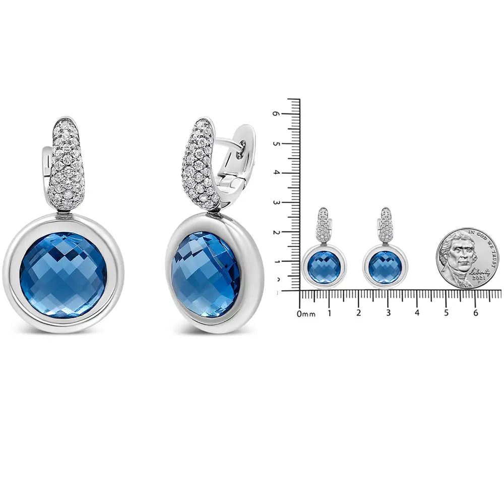 18k White Gold Bezel Set 11mm Blue Topaz and 1/2 Cttw Invisible Diamond Bale Dangle Earrings (f-g Color Vs1-vs2