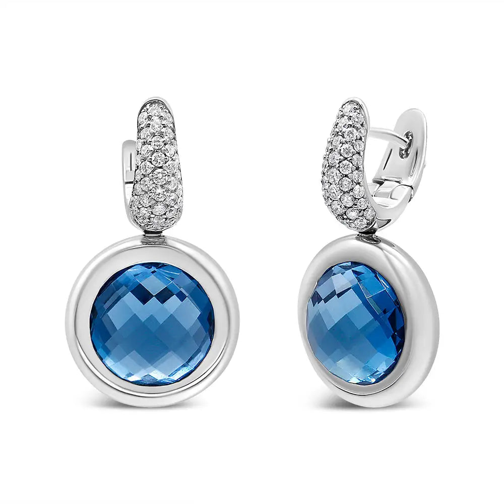 18k White Gold Bezel Set 11mm Blue Topaz and 1/2 Cttw Invisible Diamond Bale Dangle Earrings (f-g Color Vs1-vs2