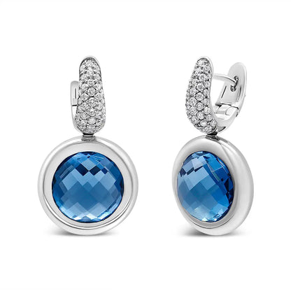 18k White Gold Bezel Set 11mm Blue Topaz and 1/2 Cttw Invisible Diamond Bale Dangle Earrings (f-g Color Vs1-vs2