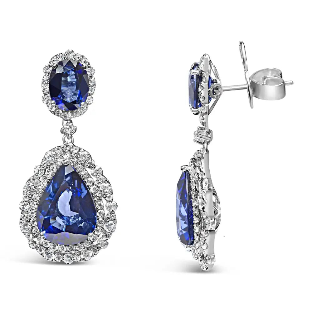 18k White Gold Blue Sapphire 2 3/4 Cttw Diamond Halo Drop Dangle Earring (g-h Color Si1-si2 Clarity) - Fine Jewelry