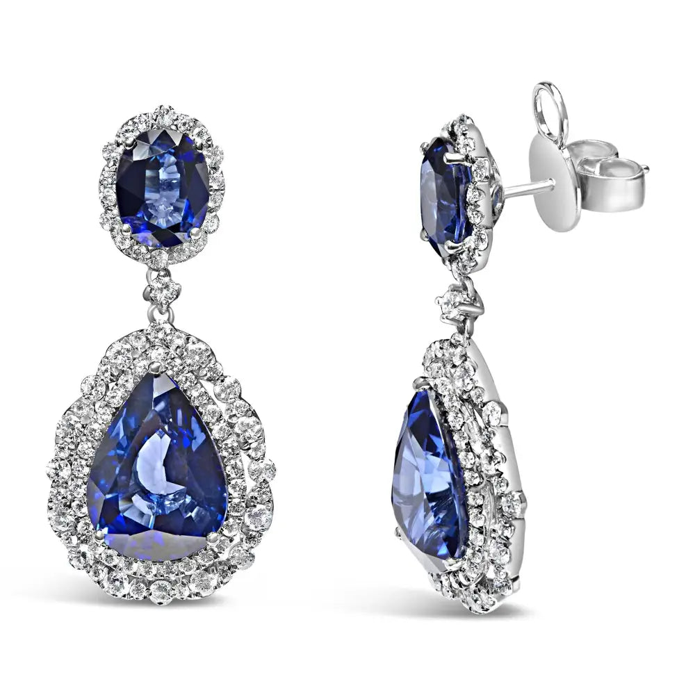 18k White Gold Blue Sapphire 2 3/4 Cttw Diamond Halo Drop Dangle Earring (g-h Color Si1-si2 Clarity) - Fine Jewelry