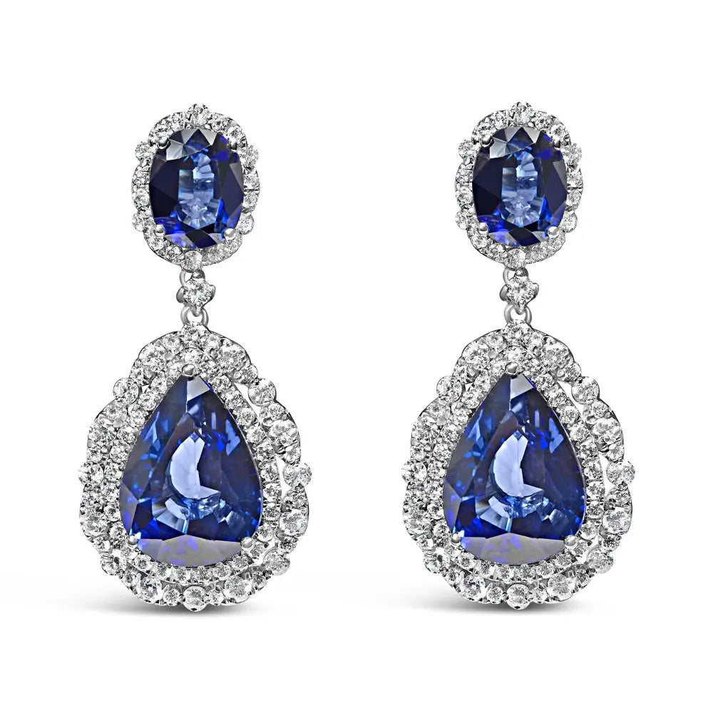 18k White Gold Blue Sapphire 2 3/4 Cttw Diamond Halo Drop Dangle Earring (g-h Color Si1-si2 Clarity) - Fine Jewelry