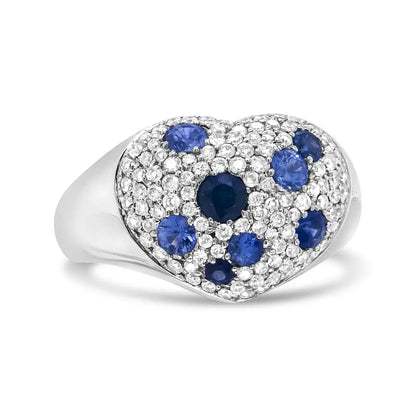 18k White Gold Blue Sapphire and 5/8 Cttw Diamond Cluster Heart Shaped Ring (f-g Color Vs1-vs2 Clarity) - Fine Jewelry